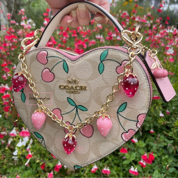 Hand Crafted Handbags - Heart Strawberry Bag Purse Charm Chain Swag Strap Hot Pink & Baby Pink Pearl